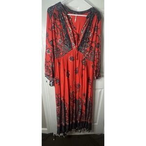 Free People Red Boho Maxi Dress Medium Floral Long Sleeve Peasant Festival